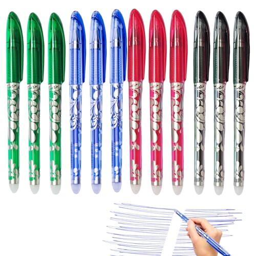 12 Bolígrafo Borrables, Bolígrafo Borrable de Gel, Bolígrafos de Tinta Borrables, Punta Fina 0,5 mm, Escritura Suave y Precisa, Ideales para Estudiantes, Profesores y Oficina, Negro Azul Rojo Verde