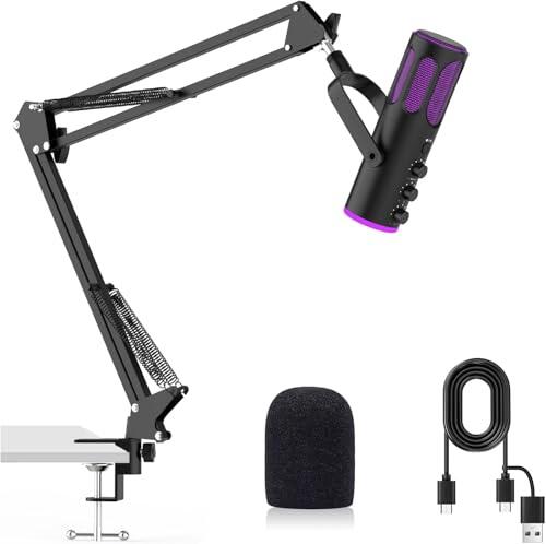 Ortizan Micrófono USB para Juegos, micrófonos de Condensador para PC, PS4/5 y Mac, micrófono de Podcast con cancelación de Ruido con Silencio, reverberación, monitoreo, Brazo Ajustable, Filtro para