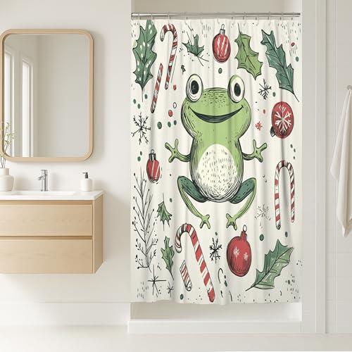 Cortina de ducha con diseño de ranas navideñas, lindas y divertidas cortinas de ducha de dibujos animados de Navidad para baño, juego de accesorios de decoración de baño de animales, 36 x 72 pulgadas