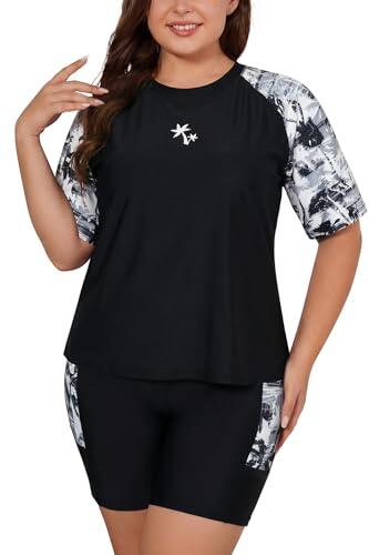 SHEKINI Traje de baño de 2 piezas de talla grande para mujer, brasier integrado, camiseta de natación de manga corta y pantalón corto con bolsillos, trajes de baño, Negro + palma de coco, 4XL
