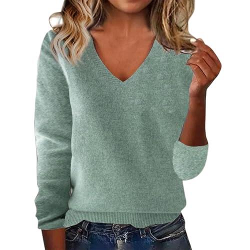 YCBMINGCAN Jersey de mujer con cuello en V de manga larga de punto con un solo color | Top holgado informal de punto fino para mujer | Jersey básico para mujer para ropa casual de otoño y primavera