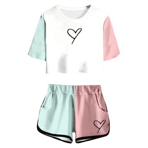 Chándal para niños, traje deportivo para niña, conjunto de verano con parte superior de manga corta, pantalones cortos para niñas, con estampado, bonito bolsillo cuello redondo, atuendo informal para