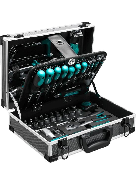 TLGREEN Maletín de herramientas de aluminio lleno de 107 piezas, caja de herramientas, caja de herramientas equipada con llave de tubo, destornillador, etc. para manualidades, bricolaje, hogar, taller