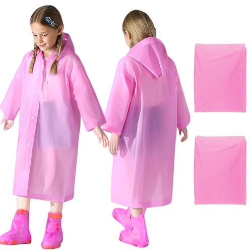 WOHSEROM Paquete de 2 ponchos de lluvia reutilizables para niños, chaqueta impermeable de viaje de EVA gruesa con capucha y mangas, Puños anchos rosados, One Size