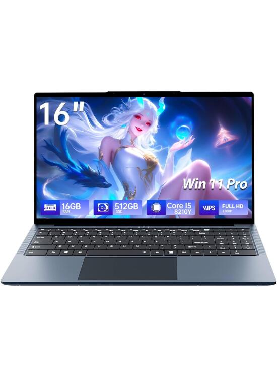 Ordenador Portátil 16 Pulgadas, Core i5-8210Y CPU, Win11 Pro PC Portátil 16GB RAM 512GB SSD, Clavier Rétroéclairé, 1080P FHD Pantalla Laptop, (Mini-HDMI+USB3.0+Type-C+Webcan+WIFI5+5800mah Battery)