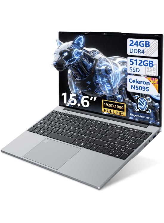 PC Portátil Win 11, 15.6 Pulgadas Ordenador Portatil 24GB LPDDR4 RAM 512GB SSD, Celeron N5095 CPU, Desbloqueo Huellas Dactilares/Teclado Retroiluminado, 180° Flip IPS Pantalla, Webcam+BT4.2+USB3.0