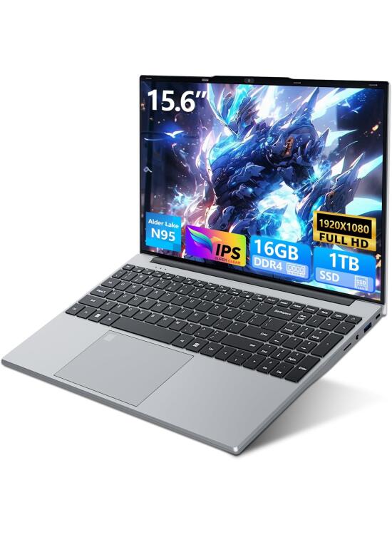 15,6" Ordenador Portátil FHD IPS con procesador Celeron N95, 16GB RAM 1TB SSD, Win 11 PC Portátil con teclado retroiluminado y reconocimiento de huellas, Laptop USB3.0, HDMI, Wi-FI5, BT4.2, 5000mAh