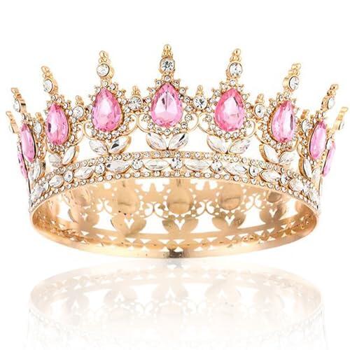 TENGWA Corona Elegante Tiara Dorado y Rosa Retro Tiaras Novia Barroco Crown Princess Brillante Corona de Cetro Ideal para Bodas Cumpleaños Bailes Fiestas Temáticas y Carnavales