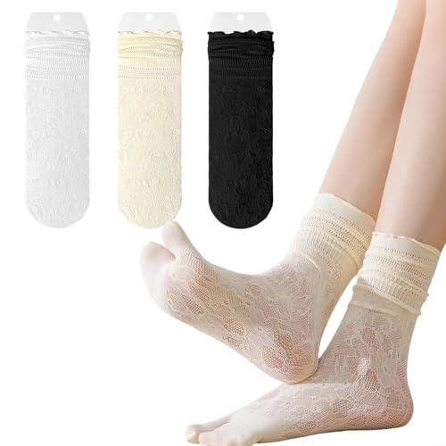 VLYX Calcetines de Dedos para Mujer, 3 Pares - Calcetines Tabi de Algodón con Adorno de Encaje, Altura a Media Pierna