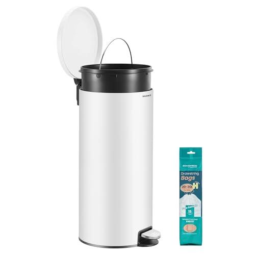 SONGMICS Cubo de Basura Redondo, Basurero con 15 Bolsas, Pedal de Metal, Cubeta Interior Extraíble de Plástico, Asa, Cierre Amortiguado, Acero, 30 L, Blanco Nube LTB031WZ02