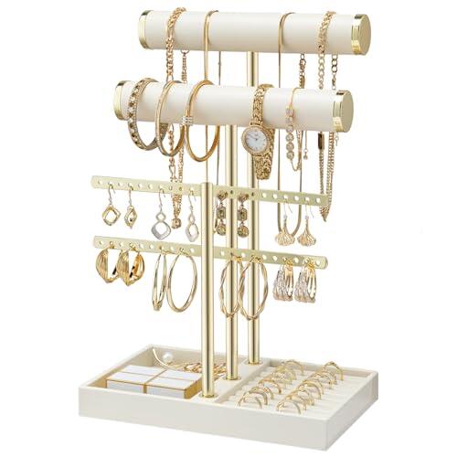 Yoodriy Organizador de Joyas con 3 Niveles, Soporte Desmontable para Joyeros de Terciopelo, Cuelga Collares, Jewelry Expositor para Mujer de Pendientes, Pulseras, Collares, Relojes, Anillos (Beige)