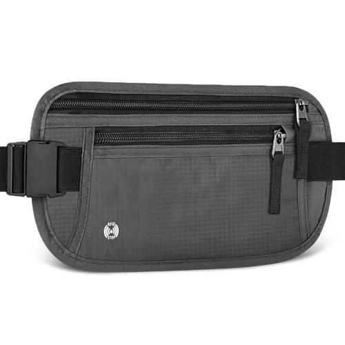 Aucuu Cinturones de Dinero Ocultos, RFID Riñonera de Seguridad Antirrobo, Riñonera Viaje con Bloqueo, Riñonera Deportiva, Cinturón Ajustable, para Pasaportes Tarjetas Efectivo-Gris Oscuro