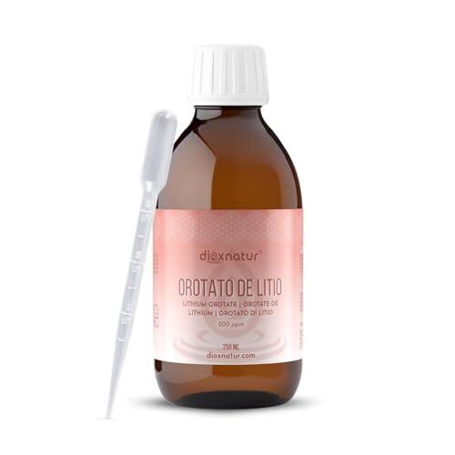 DIOXNATUR® Solución de orotato de litio 250 ml - 0,5 mg de litio por ml - 500 ppm - Orotato de litio de 99% de pureza - Litio líquido en gotas - Incluye pipeta