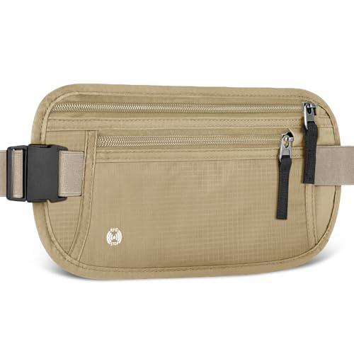 Aucuu Cinturones de Dinero Ocultos, RFID Riñonera de Seguridad Antirrobo, Riñonera Viaje con Bloqueo, Riñonera Deportiva, Cinturón Ajustable, para Pasaportes Tarjetas Efectivo-Caqui