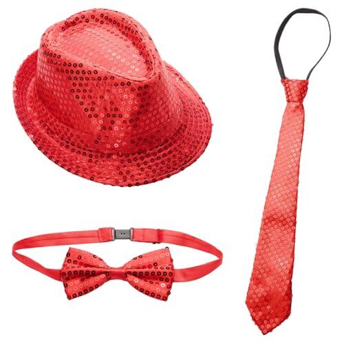 Riismen Sombreros Juego De Sombreros Fedora De Lentejuelas Para Niños Moño Preamarrado Corbata Ajustable Para Actuación En El Escenario Rojo Talla única