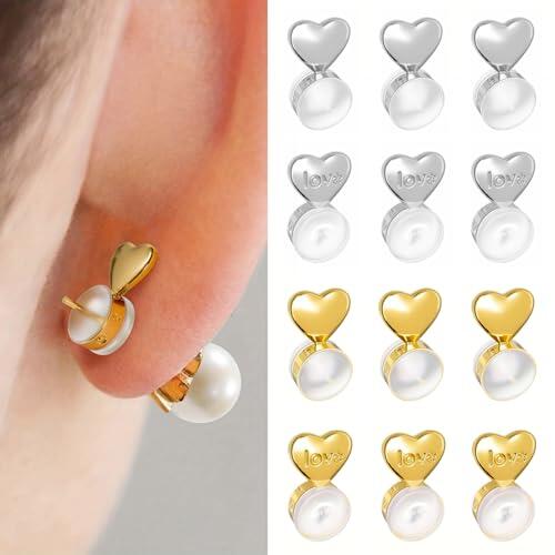 xiluuyou 12 Piezas Cierres de Silicona Hipoalergénicos para Pendientes, Elevadores para Lóbulos Caídos, Corazón Love, Oro y Plata, Sujeta y Levanta Pendientes