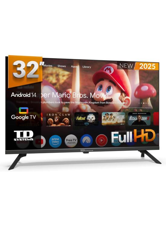TD Systems - Smart TV 32 Pulgadas Full HD, Android 14 GTV, Television TDT HD, Modelo 2025, Televisor con 3 años de garantía - PRIME32K21FGLE
