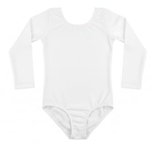 Genérico Maillot de Ballet y Gimnasia para Niña, Body Clásico Elástico de Manga Larga con Cuello Redondo, Ropa de Danza Profesional (BLANCO, 4 Años)