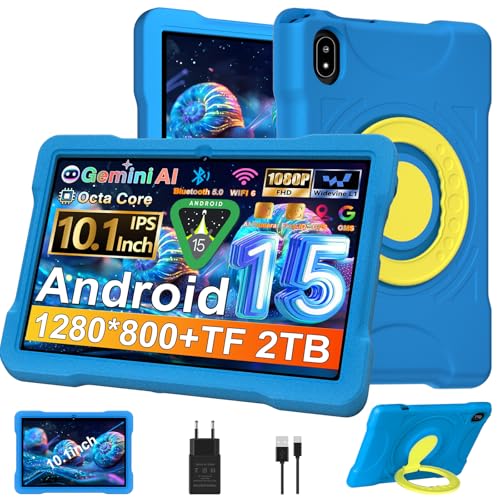 Tablet Android 15 10 Pulgadas con Core-Octa | 30 GB RAM + 64 GB ROM (TF / 2TB) |5MP + 8MP | Giochi Software Educativo (iWAWA) | 1280 * 800 Píxeles | Widevine L1 5G + 2.4G WiFi6 | Tablet EVA Case, Blue