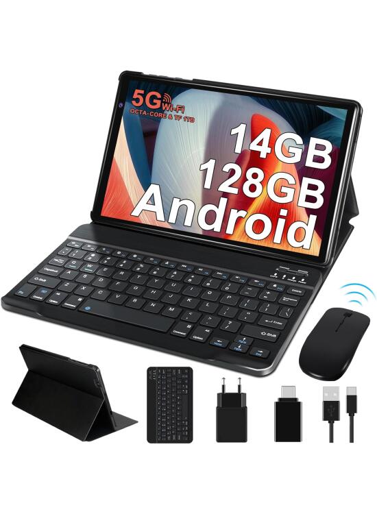 Tablet 10 Pulgadas Android Tablet Octa-Core, 14RAM + 128ROM (TF 2TB), WiFi, 8000mAh, 5MP+8MP, 1280*800 FHD IPS, Bluetooth, Widevine L1, Tablets con Funda, Ratón y Teclado 2 en 1-Cuerpo de Metal Negro