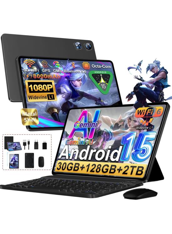Android 15 Tablet con Teclado y Lapiz - 30 GB RAM+ 128 GB ROM(2 TB TF), Octa-Core, Gemini AI, Tablet 10 Pulgadas, Widevine L1, 8000mAh, 8MP+5MP, Face ID, GPS, 1280 * 800P WiFi 6/Bluetooth 5.0 - Negro