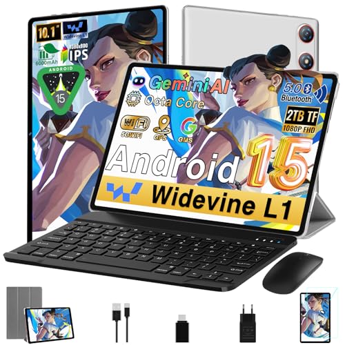 Android 15 Tablet 10 Pulgadas 30GB RAM+64GB ROM (2TB/TF), Gemini AI, Octa-Core 2.0Ghz, 1080*800 FHD IPS, Standby Extra Largo, 5G WiFi, Widevine L1, 5MP+13MP, Face ID, GMS, Tableta con teclado,Plateado