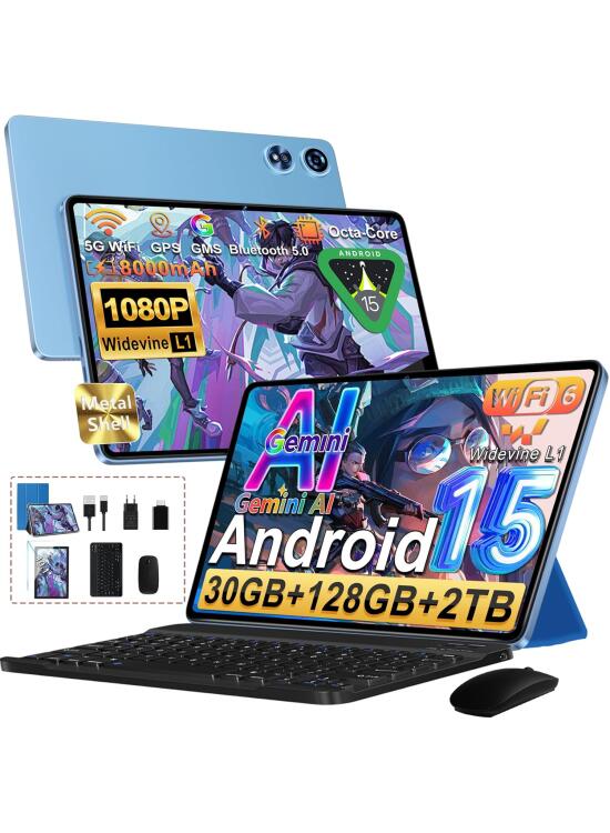 Android 15 Tablet, 128GB ROM+2TB TF, 30 RAM, 10 Pulgadas Tablet táctil con Teclado y ratón, 1280 * 800 IPS HD, Widevine L1, Gemini AI, 2.4G/5G WiFi, Octa-Core, 5+8MP, BT 5.0, 8000mAh, Metálica, Azul