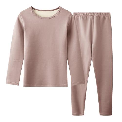 Hoseay Conjunto Ropa Interior Térmica Niños, Cálido Forro Polar Camiseta Manga Larga y Pantalón 2 Piezas Capa Base, Térmicas Set Otoño Invierno Deportes Esquí para Niño 7-8 Años, Caqui