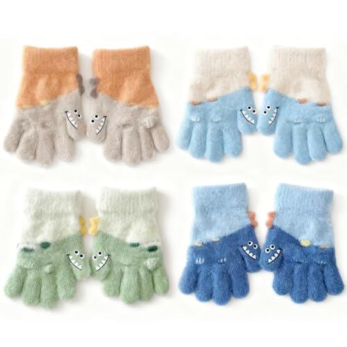 Manoplas De Invierno Para Niños, 4 Pares Guantes De Punto Elástico Cálidos De Dinosaurio, Cálidos De Invierno Guantes Para Niños Con Dedos Completos