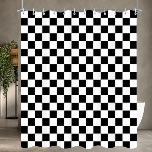 Cortina de ducha de 180 x 200 cm, cuadrados geométricos negros, dobladillo con peso, tela antimoho, impermeable, de poliéster, cortinas de baño con 12 ojales y anillos de cortina de ducha para baño
