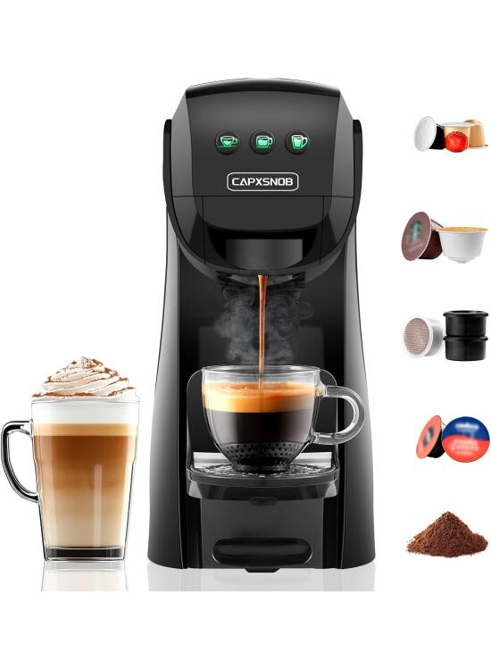 Warriors1 Cafetera Capsula 5en1 para Dolce Gusto, Nespresso, Lavazza A Modo Mio, Expreso Point y Café Molido, 20bar, 0,8L, Automática y Compacta Máquina Multicápsula, Multibebida para Hogar y Oficina