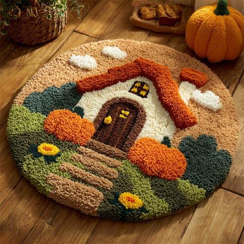 WallustrioaW Kit de Alfombras con Gancho de Pestillo,Casa de calabaza de dibujos animados,3D Latch Hook Manualidades Kits,DIY de Fabricación de Alfombras para Adultos y Principiantes,50x50cm