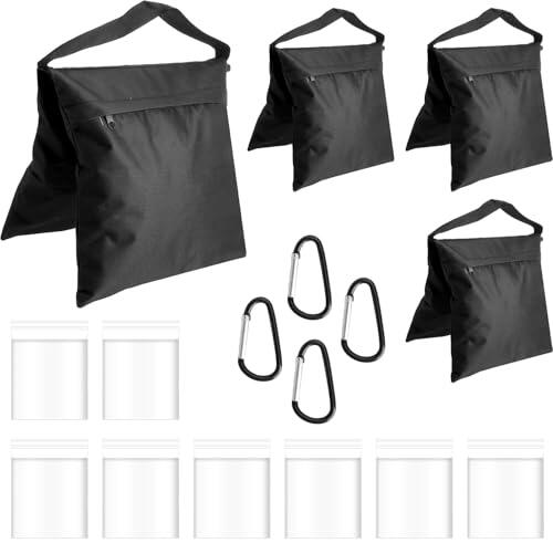 Juego de 4 bolsas de arena para pesar, con 4 ganchos de escalada y 8 bolsas de cierre, bolsas de arena para pabellón, saco de arena, peso para estudio fotográfico, exterior, carpa y peso de tienda de
