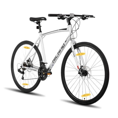 Hiland Bicicleta de Carretera 28 Pulgadas, Cuadro de Aluminio 700C Unisex, Frenos de Disco Delanteros y Traseros, 21 Velocidades, Cuadro 530 mm, Plateado