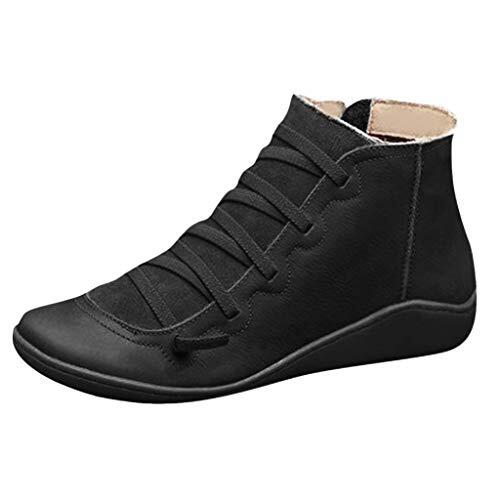 Generisch Botas retro casuales con cremallera plana redonda para mujer Botas de dedo del pie Botas con cordones para mujer, Negro , 36 EU