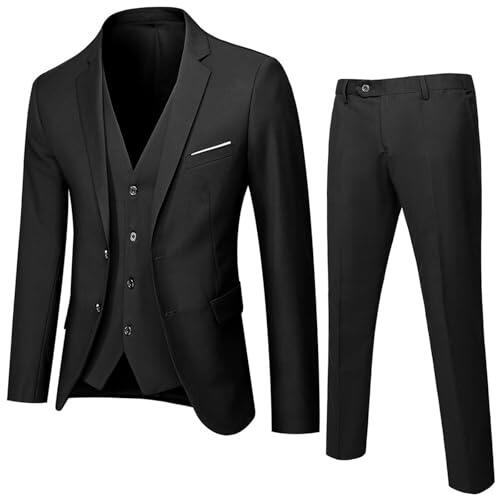 Traje de 3 piezas para hombre, ajuste delgado, dos botones, conjunto de blazer, chaqueta, chaleco y pantalones para boda, fiesta, negocios, Negro, M