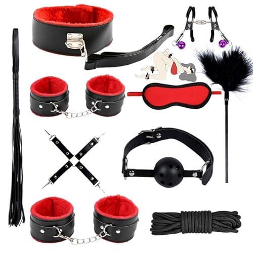 Set de Yoga y Fitness en Cuero para Parejas de 10 Piezas - Kit Completo de Ejercicios para Dos Que Fortalece la Confianza, Fuerza y Flexibilidad (Rojo)