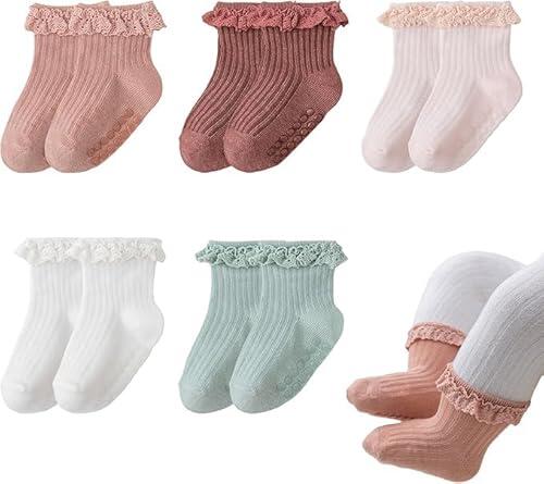 Weploda 4 pares Calcetines De Encaje Bebé, Calcetines Antideslizantes Volantes Para Recién Nacidos, Calcetines Con Volantes Para Niñas De 0 a 6 Meses, Para Bautizos, Uso Diario o Como Regalo (Talla S)