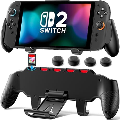 Funda con Agarre para Nintendo Switch 2, Switch 2 Grip Asimétrio Ergonómico y Carcasa con Soporte Ajustable, Accesorio Cómodo con 5 Ranuras para Tarjetas & 4 Tapas para los Pulgares