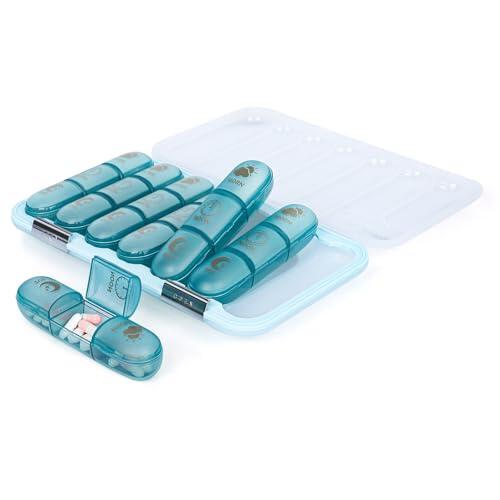 Pastillero Semanal 7 Días, 3 Compartimentos, Separaciones para Medicamentos Mañana Mediodía Noche, para Vitaminas, Aceite de Pescado, Hermético y Resistente a la Humedad, Azul Transparente