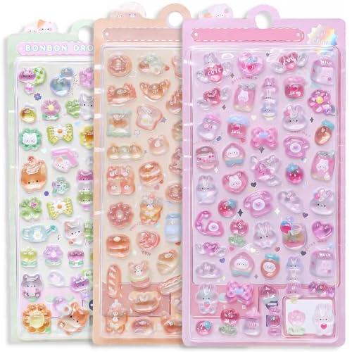 JOOTUEPO 3 Infantiles 3D Stickers, Hojas Kawaii Lindo Adhesivo, Kawaii Stickers, Mini Pegatinas de Dibujos Animados Niñas, para Cuadernos/Obras de Arte de Bricolaje/Scrapbooking/Cuaderno