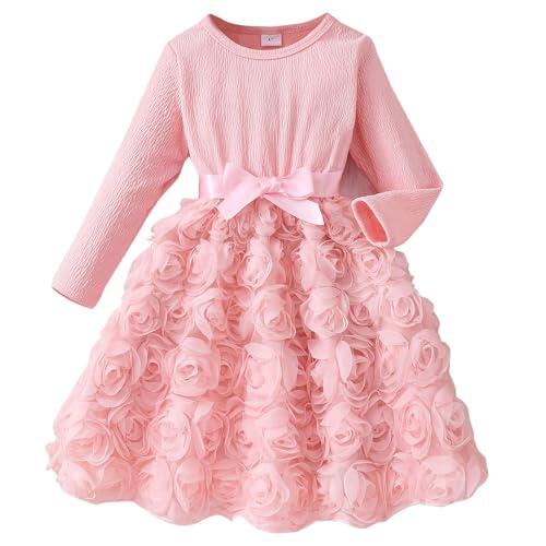Vestido de Princesa para Niñas con Elegante Escote Redondo y Mangas Largas Volantes en Corte A con Cinturón Ideal para Temporada de Otoño (7-8 Years)