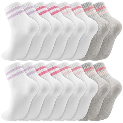 Utensilsto 8 pares de calcetines de rayas para niñas, calcetines de tenis retro con cintura alta acanalada, calcetines de algodón suave para niños, deportivos a la moda, Blanco, 25-28