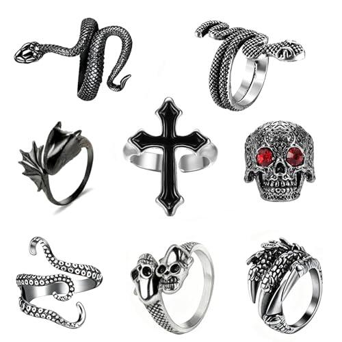 yolzhxe 8 Piezas Anillos Punk de Plata Vintage, Abierto Ajustable Anillos Calavera Góticos, Acero Inoxidable Ring Cruz Calavera Serpiente, para Halloween y Fiestas Temáticas
