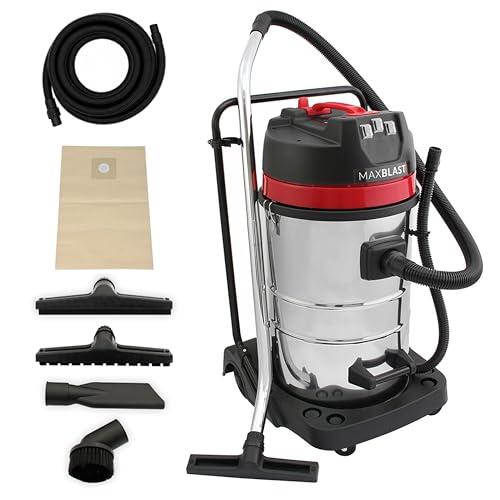Aspirador Industrial MaxBlast 80L 3000W Húmedo y Seco | Motor Triple | Acero Inoxidable | Manguera 5m y Cable 9m | Alta Succión | Accesorios para Limpieza Profesional en Talleres | Garajes | Fábricas