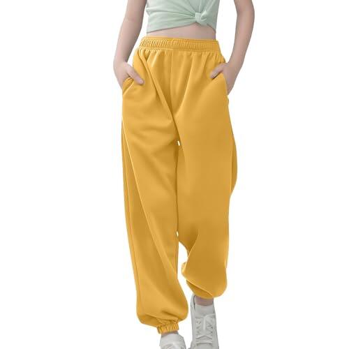 Genérico Pantalones Deportivos para Niñas con Cordon Ajustable en Talla y Grande para Uso Casual y Actividades Recreativas Comodos y Resistentes Ideales para Jugar y Correr (Yellow, 11-12 Years)