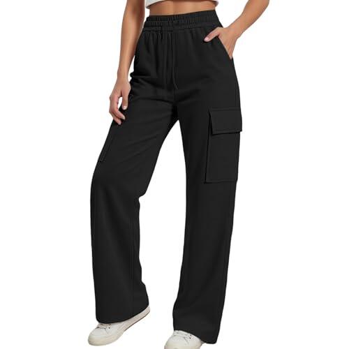 Pantalones Cargo para Niñas con Bolsillos Cintura Elástica Ajustable y Cordón Diseño Casual Deportivo para Uso Diario Escolar y Actividades al Libre en Colores Sólidos (Black, 11-12 Years)