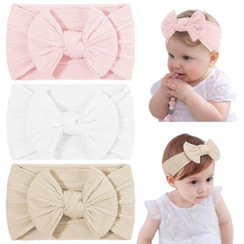 DiULi Bebé Niña Diademas, 3 Colores Conjunto de Diademas para Niñas, Elástica Cintas de Pelo Nylon para Neonatal Lactante Niño Pequeño Niños, Anchas Hairband con Lazo de Tela (Conjunto D-3pcs)