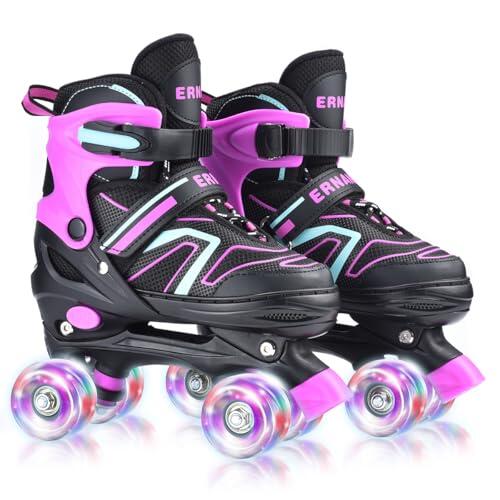 ERNAN Patines 4 Ruedas, 4 tamaños Ajustables con Ruedas Que Brillan en la Oscuridad, Patines de Ruedas para niños,Patines Niña Niño Principiante Regalo (Pink, S)