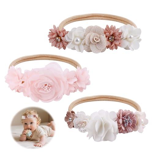 3 piezas de cinta para el pelo para bebé, suaves cintas para niñas con delicadas flores, cintas elásticas con flores encantadoras y perlas para fiesta, boda, bautizo, fotos familiares, regalos y